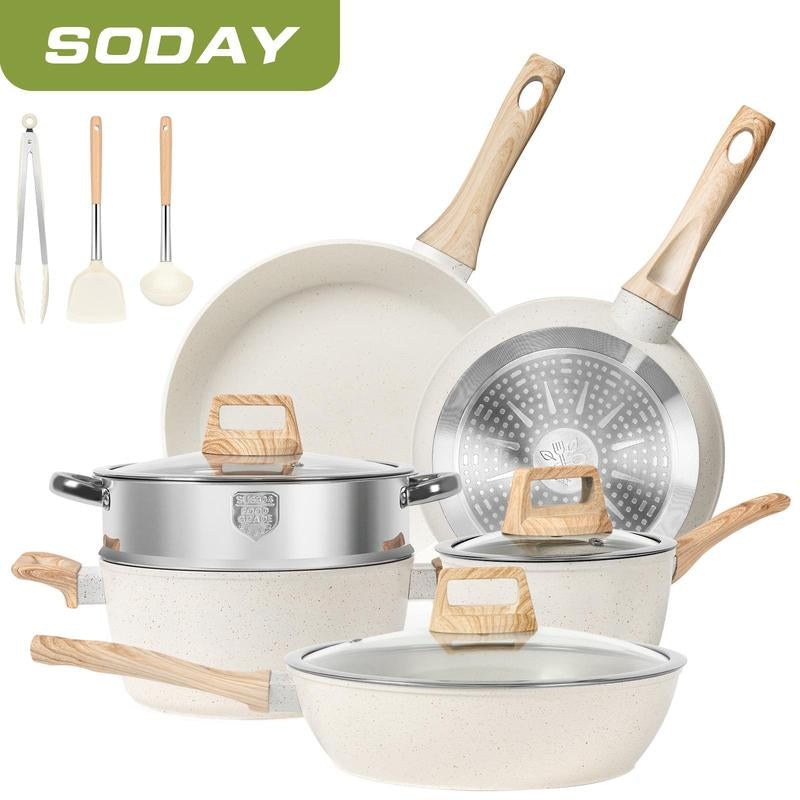 SODAY 12Pcs/13Pcs/17Pcs Pots and Pans Set Non Stick Kitchen Cookware Sets Induction Cookware Nonstick Granite Cooking Set with Frying Pans, Saucepans, Steamer