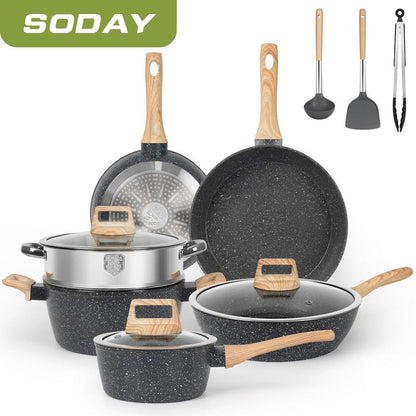 SODAY 12Pcs/13Pcs/17Pcs Pots and Pans Set Non Stick Kitchen Cookware Sets Induction Cookware Nonstick Granite Cooking Set with Frying Pans, Saucepans, Steamer