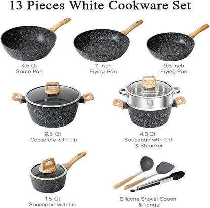 SODAY 12Pcs/13Pcs/17Pcs Pots and Pans Set Non Stick Kitchen Cookware Sets Induction Cookware Nonstick Granite Cooking Set with Frying Pans, Saucepans, Steamer