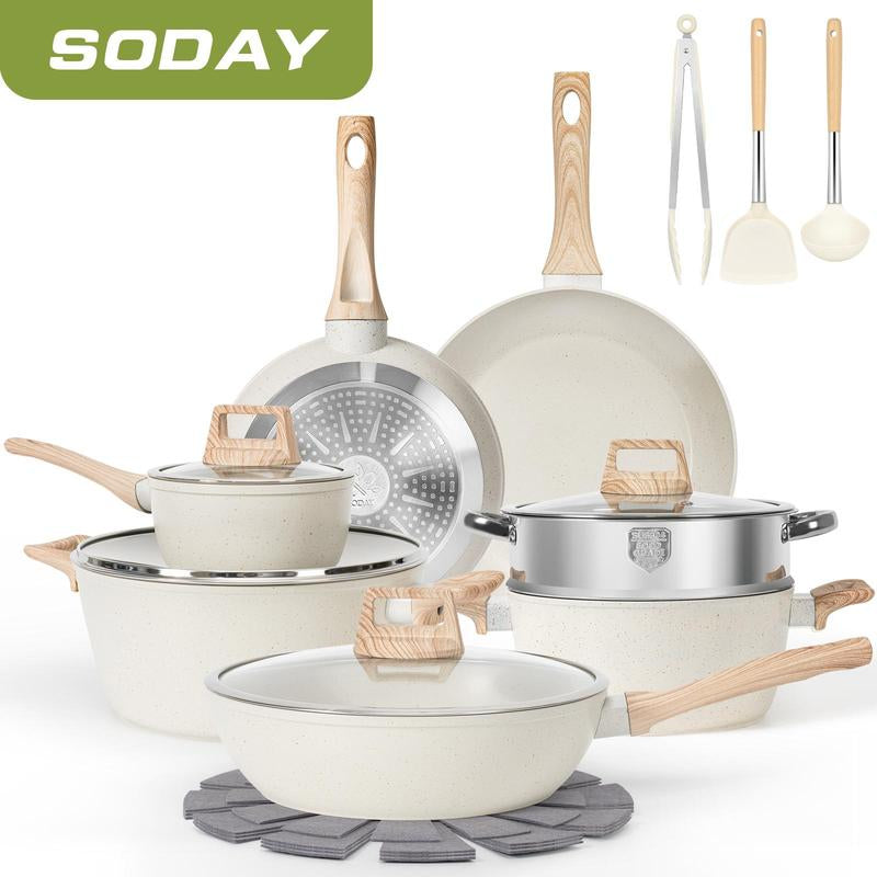 SODAY 12Pcs/13Pcs/17Pcs Pots and Pans Set Non Stick Kitchen Cookware Sets Induction Cookware Nonstick Granite Cooking Set with Frying Pans, Saucepans, Steamer