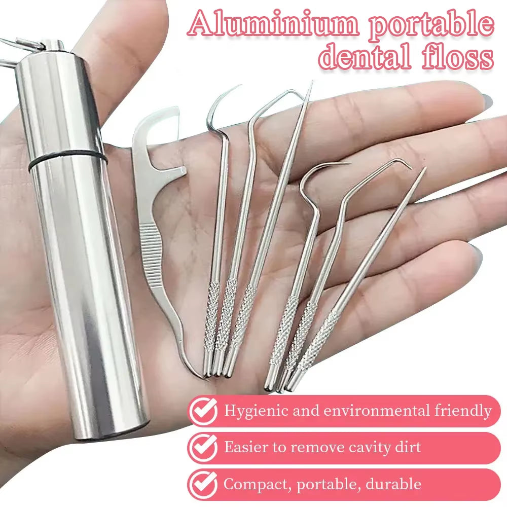 7Pcs/Set Aluminum Toothpick Set Tooth Flossing Reusable Toothpicks Portable Toothpick Floss Teeth Cleaner Oral Cleaning