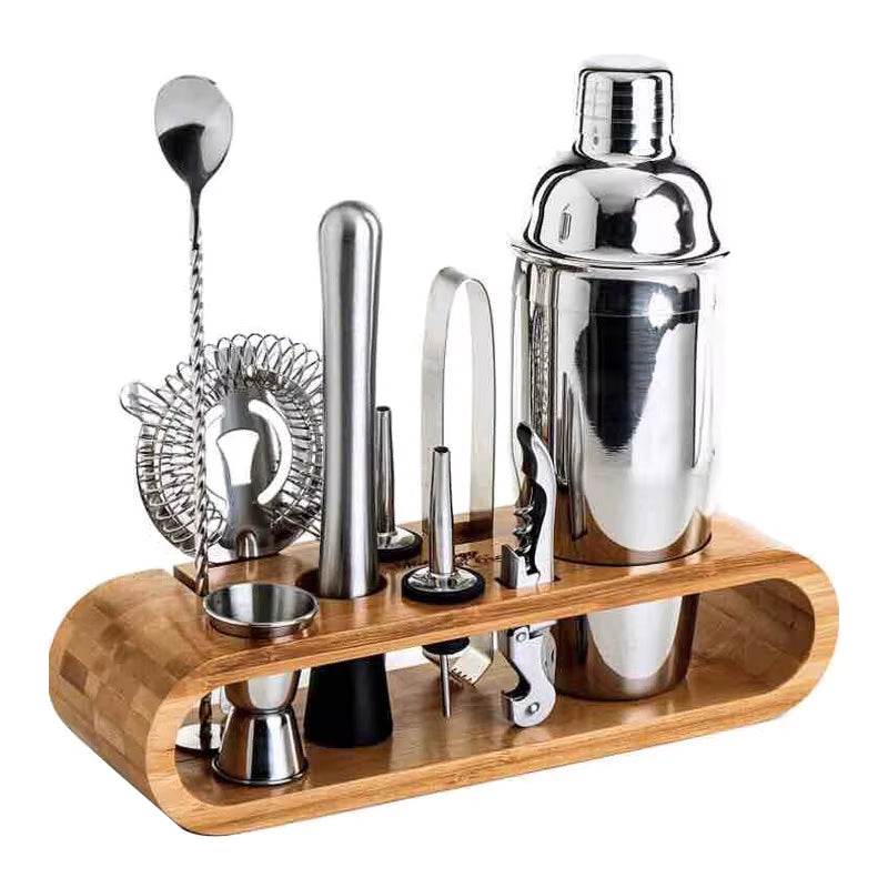 Stainless Steel Cocktail Shaker Set Bartender Tools Set with Bamboo Rack