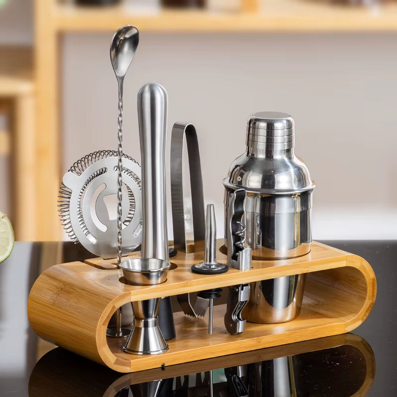 Stainless Steel Cocktail Shaker Set Bartender Tools Set with Bamboo Rack