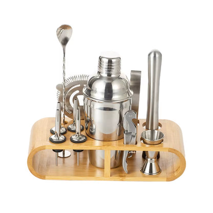 Stainless Steel Cocktail Shaker Set Bartender Tools Set with Bamboo Rack