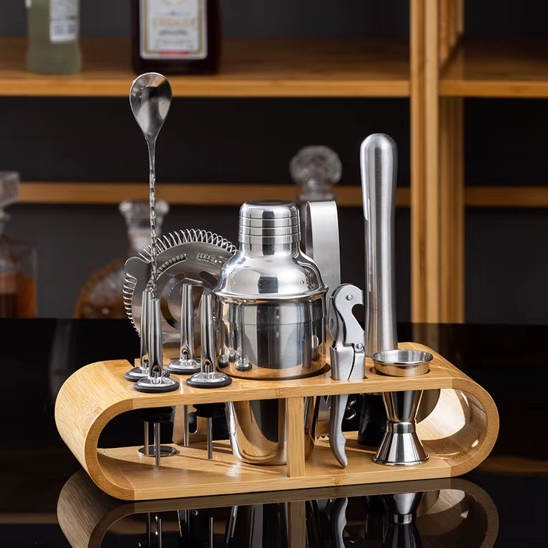 Stainless Steel Cocktail Shaker Set Bartender Tools Set with Bamboo Rack