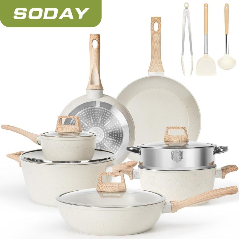 SODAY 12Pcs/13Pcs/17Pcs Pots and Pans Set Non Stick Kitchen Cookware Sets Induction Cookware Nonstick Granite Cooking Set with Frying Pans, Saucepans, Steamer