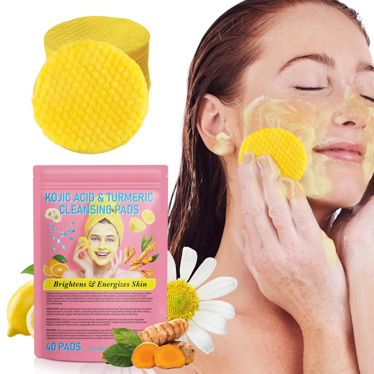 40/80Pcs Turmeric Kojic Acid Cleansing Pads Exfoliating Pads Facial Sponges for Cleansing Exfoliating Daily Cleansing Skin Care