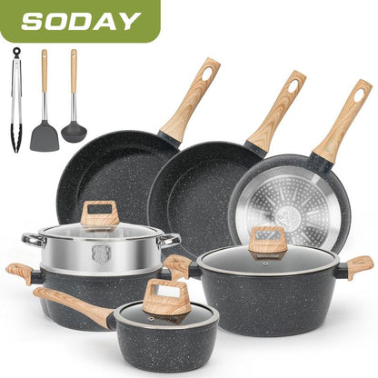 SODAY 12Pcs/13Pcs/17Pcs Pots and Pans Set Non Stick Kitchen Cookware Sets Induction Cookware Nonstick Granite Cooking Set with Frying Pans, Saucepans, Steamer