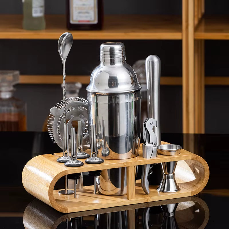 Stainless Steel Cocktail Shaker Set Bartender Tools Set with Bamboo Rack