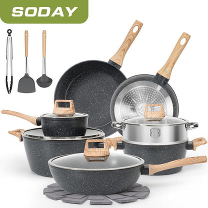 SODAY 12Pcs/13Pcs/17Pcs Pots and Pans Set Non Stick Kitchen Cookware Sets Induction Cookware Nonstick Granite Cooking Set with Frying Pans, Saucepans, Steamer