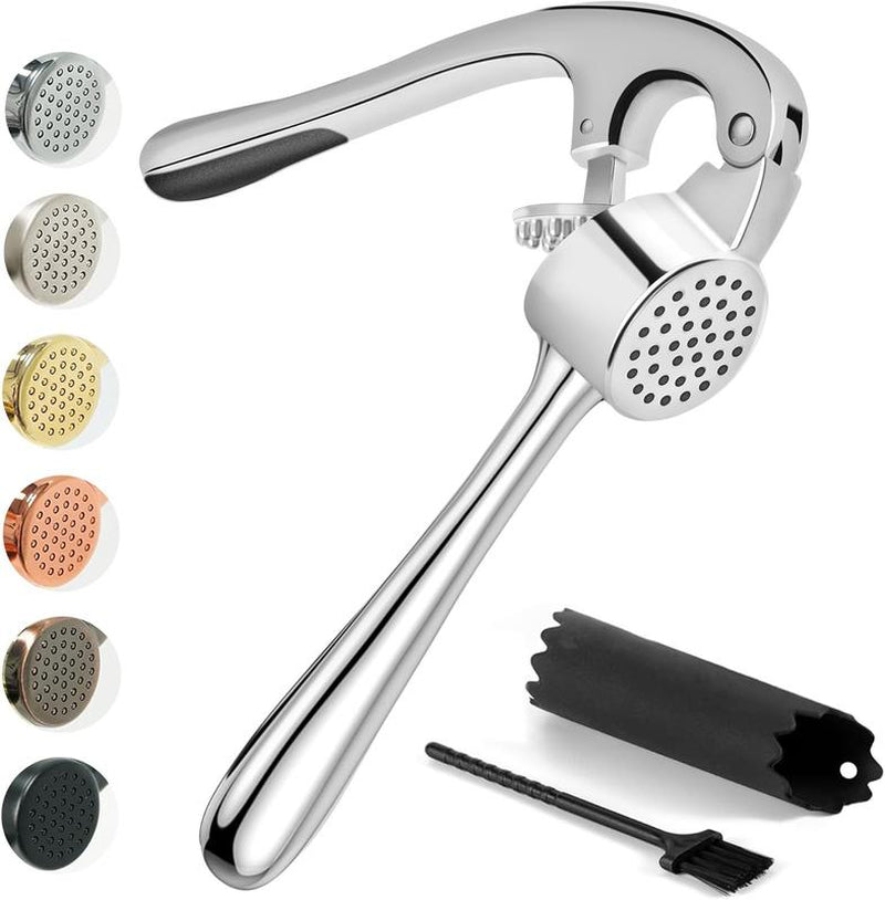 Kitesssensu 3 in 1 Premium Garlic Press Set, High Effective Garlic Mincer & Crusher, Dishwasher Safe & Rust Proof with Silicone Roller Peeler & Cleaning Brush, Kitchen Utensils