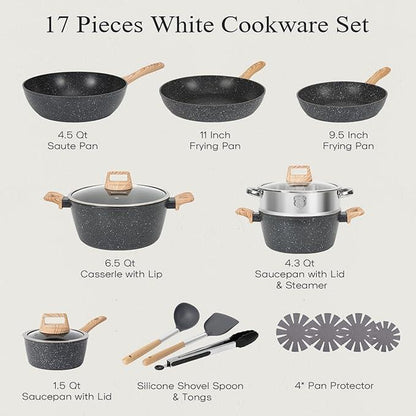 SODAY 12Pcs/13Pcs/17Pcs Pots and Pans Set Non Stick Kitchen Cookware Sets Induction Cookware Nonstick Granite Cooking Set with Frying Pans, Saucepans, Steamer